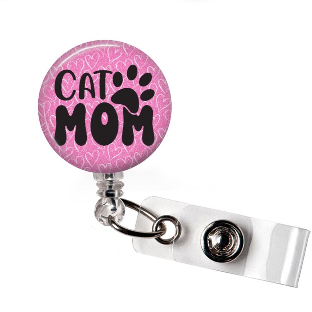 Vet Tech Badge Reel Cat Mom Pink Paw Print Veterinary Retractable ID Holder Gift